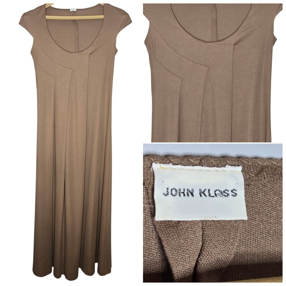 JOHN KLOSS Vintage 70s Khaki Jersey Maxi Dress Scoop Neck Asymmetric Minimalist
